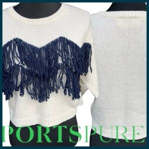 PortsPURE White with Navy Fringe Short Sleeve Boxy Crop Sweater (XS)